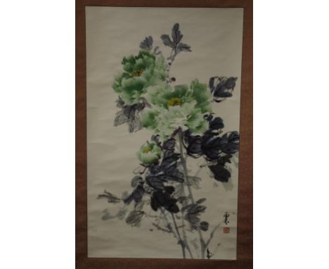 Chinese scroll floral scene character marks lower right. 80cm X 49cm approx (image only).