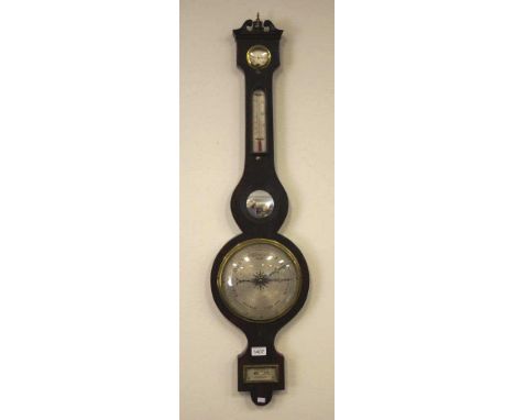 Victorian wall barometer weather station wood based bracket containing barometer and thermometer, with needle indicator to to