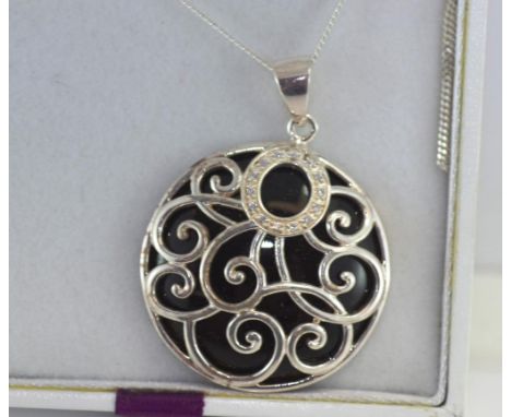 Sterling silver onyx & diamond pendant and chain in original box, stamped Italy 925