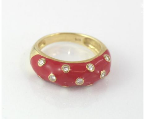 9ct yellow gold, red enamel and diamond ring weight: approx 4.7 grams, size: approx O-P/7