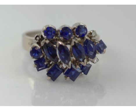 White gold plated, sapphire & diamond ring (one diamond missing), weight: approx 6 grams, size: approx R/8