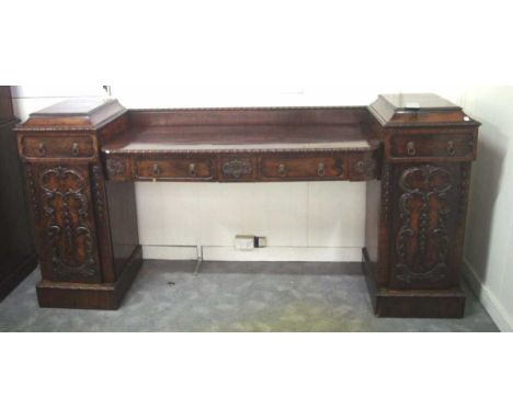 Late Georgian twin pedestal sideboard with 4 drawers above 2 doors opening to shelves and a decanter drawer, 230cm wide, 57cm