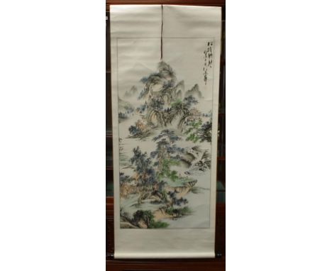 Chinese scroll Lake & Mountain scene signed upper right. 127cm X 62cm approx (image only).