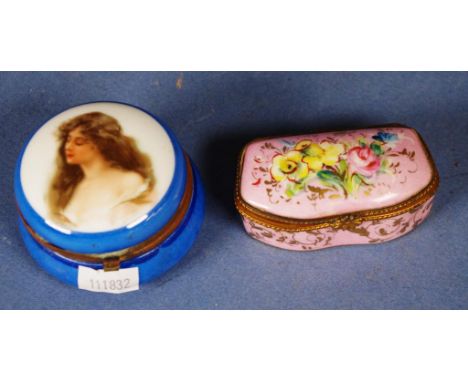 Two vintage handpainted ceramic trinket boxes including circular box with portrait of  woman decoration to lid; together with