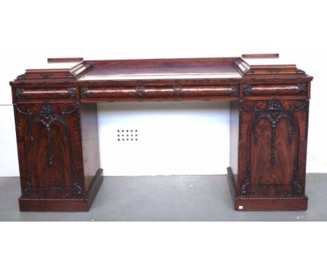 Good George IV mahogany pedestal sideboard with ornate carving and oak lining, in the Chippendale style, 3 drawers and 2 door