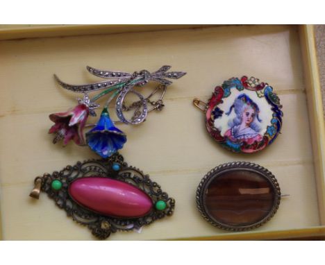 Antique agate brooch with an enamel brooch,German silver, marcasite & enamel flower brooch and another pendant in a xylonite 