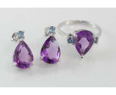 Silver amethyst ring and earring set ring size: approx Q/8