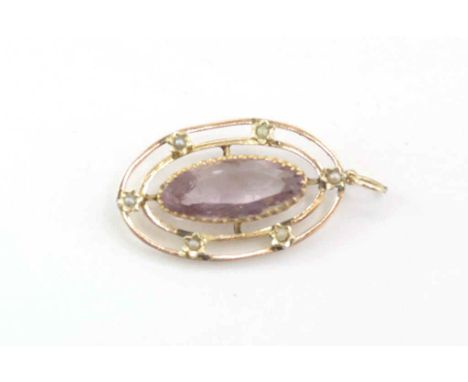 9ct gold, amethyst and seed pearl pendant weight: approx 5gms, size: approx 4.5cm by 2cm including bale
