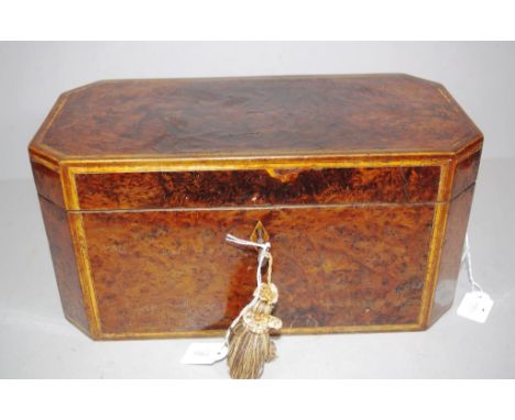 Large late Georgian burr yew tea caddy on flat bun feet & wheat basket handles, with matching twin canister interior, has mix