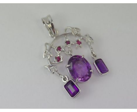 18ct white gold, amethyst, diamond & ruby pendant weight: approx 63 grams, size: approx 4 x 3cm including bail
