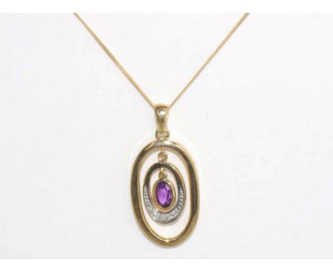 9ct two tone gold, amethyst & diamond pendant on 9ct chain, total weight: approx 2.96 grams