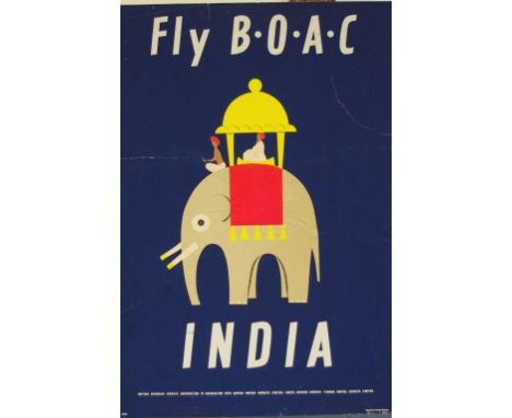 Vintage Fly B.O.A.C India airlines poster mounted on masonite, 74cm X 51cm approx