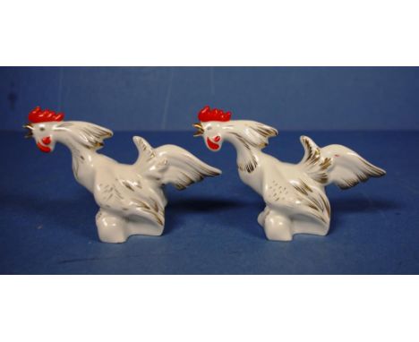 Pair vintage Russian ceramic rooster figures Possibly from Kuznetsov Factory, circa 1920. Marked AS? to base. Height 9cm appr