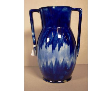 Vintage McHugh Australian pottery vase blue glaze, dual handles, inscribed signature to base & #148A. (As inspected: glaze lo