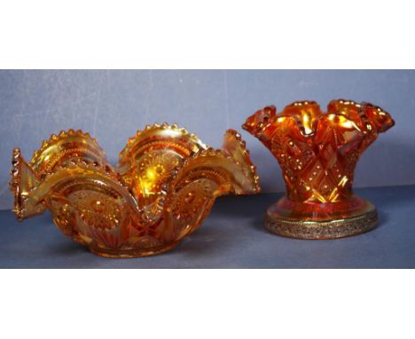 A good marigold carnival glass punch bowl in two parts, bowl width 30cm approx