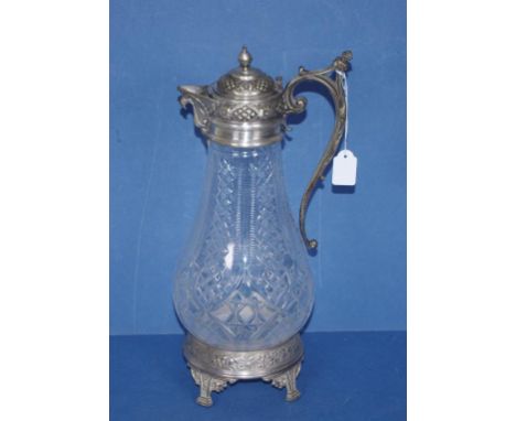 Vintage American silver plate & crystal claret jug on four footed stand, 40cm high (with stand) approx.