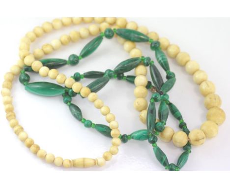 Vintage malachite necklace with long beads and smaller rounder beads, size: approx 56cm length, together with a bone necklace