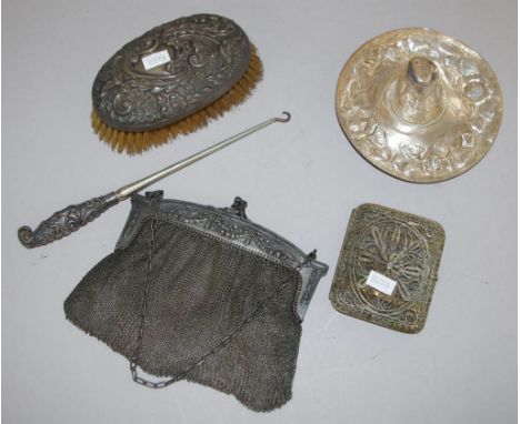 Three various vintage silver pieces including silver backed clothes brush; Mexican sombrero; silver handled button hook; toge