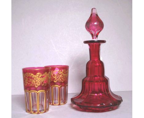 Antique ruby glass decanter & glasses stopper with etched grape vine decoration; together with pair vintage ruby glass tumble