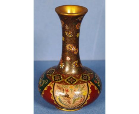 Vintage Japanese cloisonne posy vase floral decorated on brown ground. Height 10cm approx.