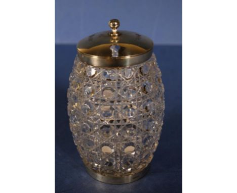 Vintage Danish silver lidded crystal honey jar silver lid and collar, and rim to base. Lid with engraved decoration and monog