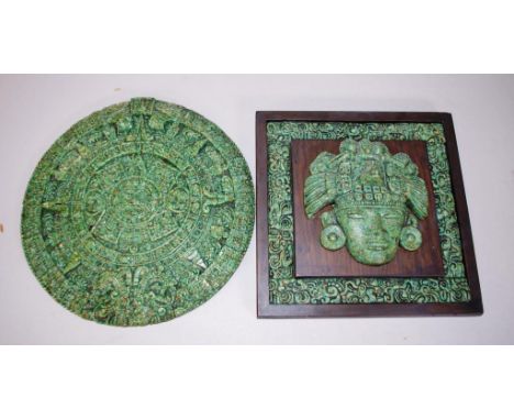 Two vintage Mexican Aztec Mayan items in crushed stone, including a Aztec Mayan deity mounted in timber, 27cm x 27cm and an A