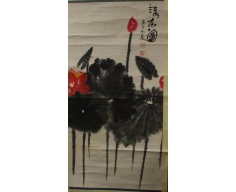 Chinese scroll floral &  foliage scene character marks upper right. 129cm X 65cm approx (image only).