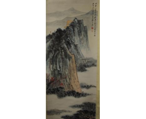 Chinese scroll house on mountain scene character marks upper right. 136cm X 53cm approx (image only).
