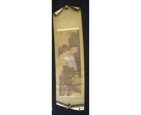 Chinese scroll bird & foliage scene signed upper left .125cm X 40cm approx (image only).