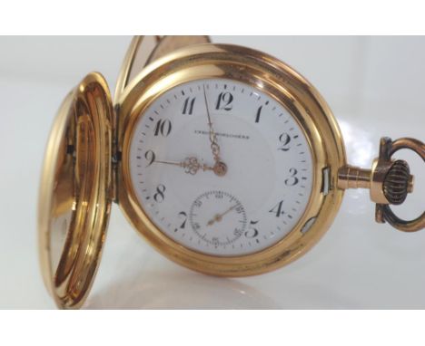 Union Horlogere 14ct gold full hunter pocket watch with internal metal case, and external ribbed case, total weight: approx 8
