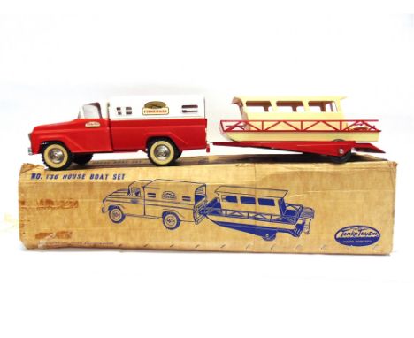 A TONKA NO.136, HOUSE BOAT SET  red and white, generally good-fair condition (house boat with some broken railings and broken