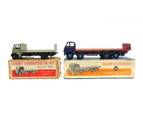 TWO DINKY SUPERTOYS DIECAST MODEL LORRIES  comprising a No.503, Foden Flat Truck with Tailboard, first type cab, dark blue wi