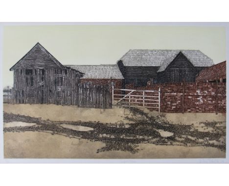 VALERIE THORNTON (1931-1991) A framed & glazed print entitled 'Suffolk Farm'. 36cm x 59.5cm. Pencil signed and numbered 58/15