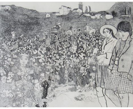 ANTHONY GROSS (XX) A framed and glazed print, "Grape Pickers". Pencil signed and numbered 84/250. 30cm x 36cm