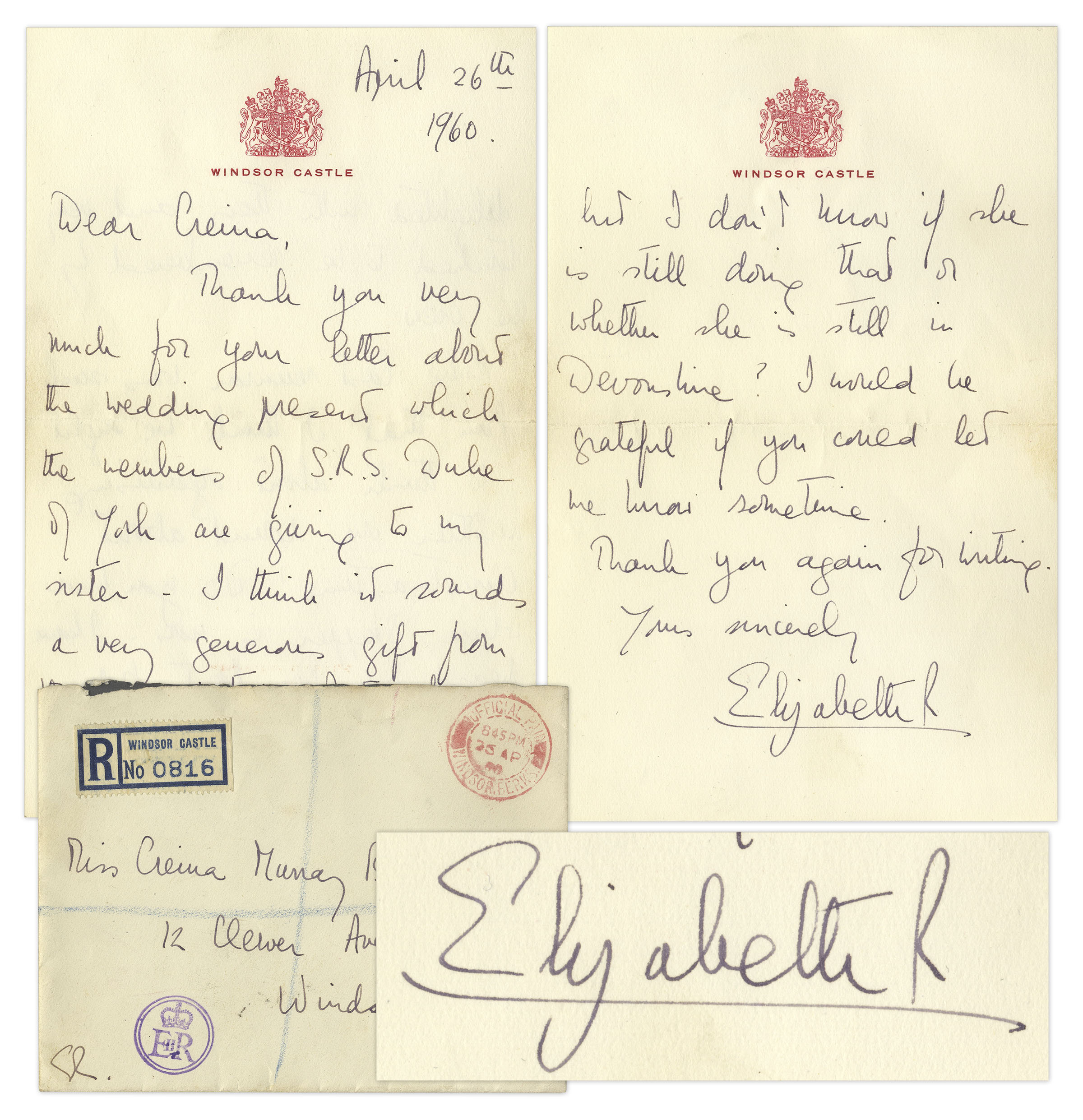 Royalty Queen Elizabeth II Autograph Letter Signed From 1960 ''â