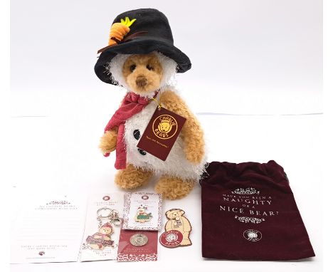 Charlie Bears Frosty, CB2353270, Plush, Swing Label Certificate, 10"/26cm &amp; Have you Been Naughty Or Nice Bear Velvet Bag
