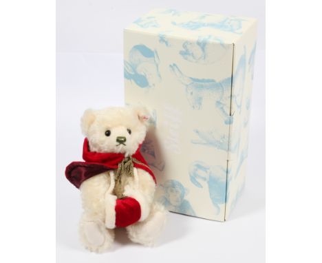 Steiff Musical Christmas teddy bear 2011, white tag 035968, LE 2011, white mohair, wearing red velvet cloak and muff, with ke