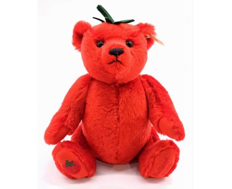 Steiff Netherlands Exclusive tomato mohair teddy bear, white tag 660153, mohair bear with green felt stalk hat and embroidery