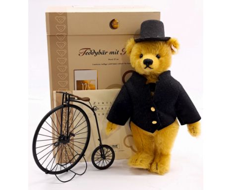 Steiff teddy bear with 'penny-farthing' velocipede, German exclusive for Karstadt, white tag 656224, LE 298/1250, 2006, mohai