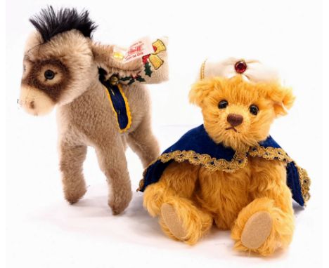 Steiff Teddy Bear with Little Donkey, white tag 670886, LE 3000, comprising mohair teddy bear wearing blue velvet cloak and w