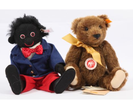 Steiff pair: (1) Golly Boy, white tag 660238, LE 260/2000, missing certificate and box, 10.5"/27cm; (2) Steiff Classic teddy 