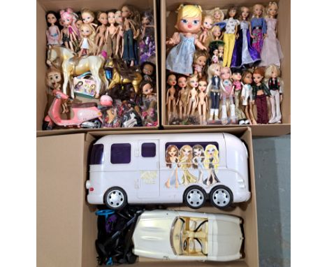 MGA &amp; Mattel Mixed Doll Group Including: Bratz Dolls, Accessories, Bus, Horses, Bratz Classic Cruiser Convertible Car, My