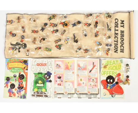 Robertsons Golly badges x forty-two, upon "My Brooch Collection" felt wall hanger; most of the badges are still sealed with f