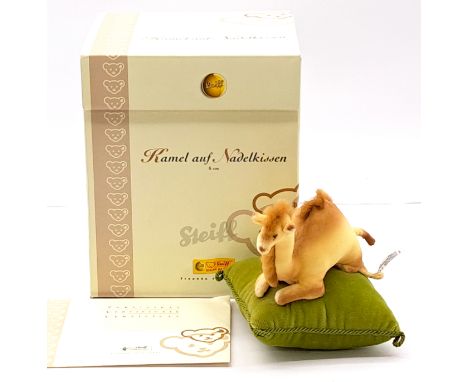 Steiff Camel on a Pin Cushion 1904 replica, white tag 420474, certificate, Near Mint to Mint, within Excellent box, 7"/18cm.