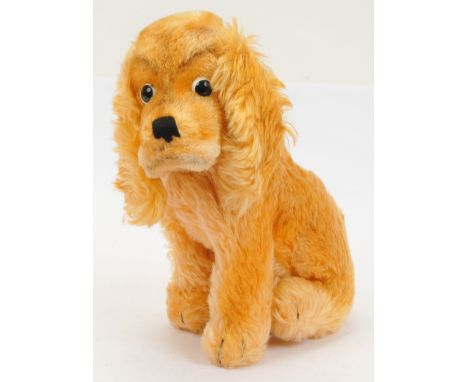 Steiff vintage Revue Susi spaniel dog, missing button, golden mohair, black and white plastic eyes, black vertically stitched