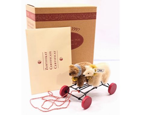 Steiff Galop-Teddy 1926 replica, white tag 400926, LE 2500, 1997, brown and white miniature standing bears, mounted upon a wh