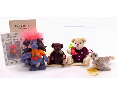 Miniature artist teddy bear group including: (1) Deb Canham Marigold Dragon, LE 58/60, plush, certificate, within Good box, 3