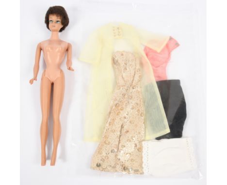 Mattel Barbie brunette bubble cut vintage doll, edge of right eyelid is rubbed, lips discoloured, plus some clothing, Fair Pl