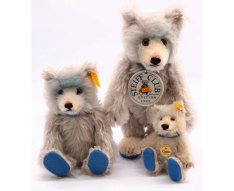 Steiff Teddy Baby trio Including: (1) Club Edition Teddy Baby Blue 1929 replica, white tag 420016, mohair, ceramic medallion,