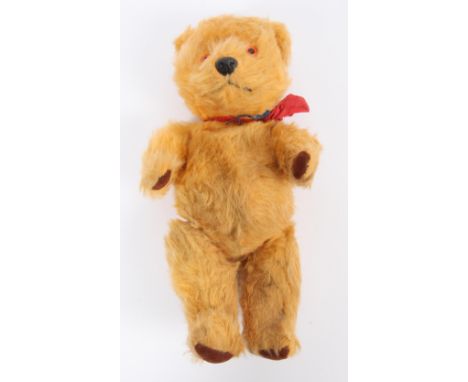 Chiltern golden mohair small vintage teddy bear, cloth sewn-in label to rear of head, amber and black plastic eyes, black pla